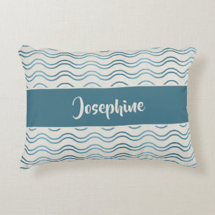 Teal Blue Gradient Waves Custom Name Coastal Decor Decorative Cushion