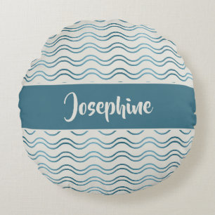 Teal Blue Gradient Waves Custom Name Coastal Decor Round Cushion