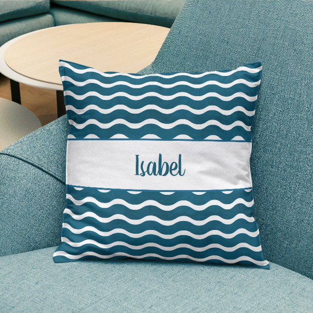 Teal Blue Gradient Waves Personalized Coastal  Cushion (Teal Blue Gradient Nautical Waves Coastal Decor Throw Pillow)
