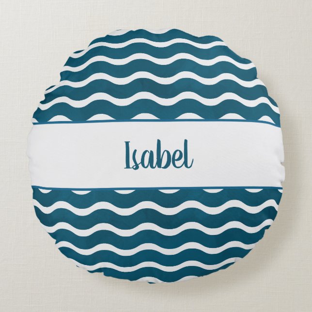 Teal Blue Gradient Waves Personalized Coastal  Round Cushion (Front)