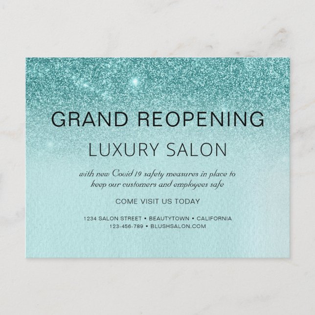 Teal Blue Grand Reopening Glitter Hair Salon Aqua Announcement Postcard (Front)