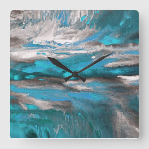 Teal Blue Gray Abstract Square Wall Clock