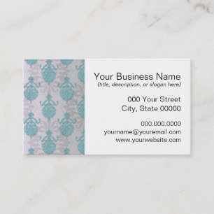 Teal Blue Green and Silvery White Damask Business Card