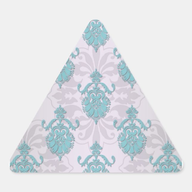 Teal Blue Green and Silvery White Damask Triangle Sticker (Front)