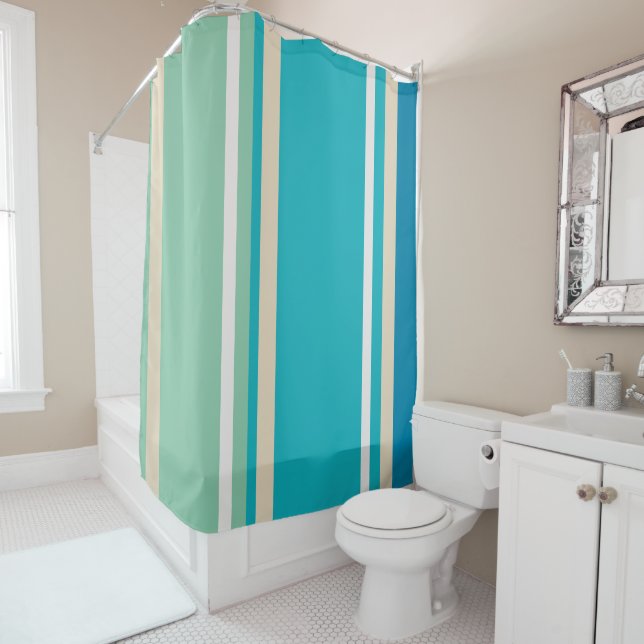 Teal Blue, green and Turquoise Stripes Shower Curtain (In Situ)