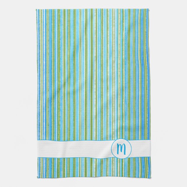 Teal, Blue, Green, and White Stripes Monogram Tea Towel (Vertical)