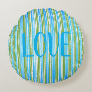 Teal, Blue, Green, and White Stripes Round Cushion