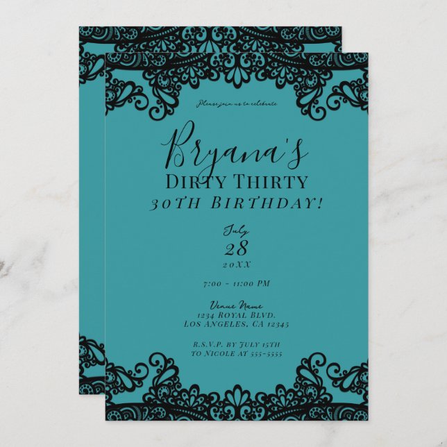 Teal Blue Green Black Lace Dirty 30 30th Birthday  Invitation (Front/Back)