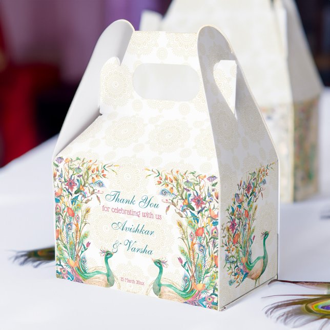 Teal blue green cerise floral peacock favour box (Teal blue green cerise floral peacock favor box)