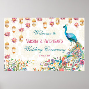 Teal blue green cerise floral peacock welcome poster