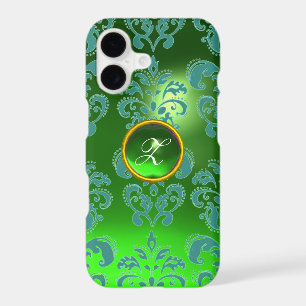 TEAL BLUE GREEN DAMASK GEMSTONE MONOGRAM