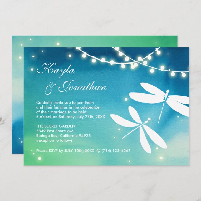 Teal Blue & Green Dragonfly Wedding Invitations (Front/Back)