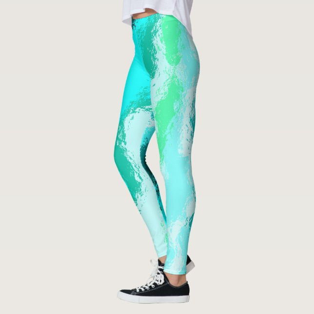 Teal Blue Green Expressive Painterly Pattern Leggings (Left)