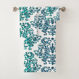 Teal Blue Green Floral Damask on White Towel Set
