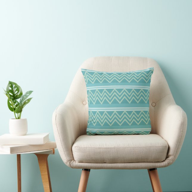 Teal Blue Green Geometric Chevron  Cushion (Chair)