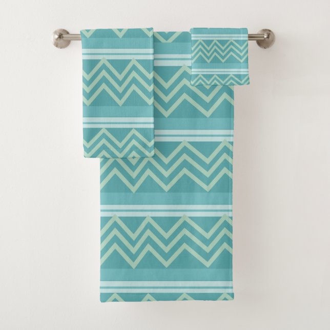 Teal Blue Green Geometric Chevron Zigzag Pattern Bath Towel Set (Insitu)