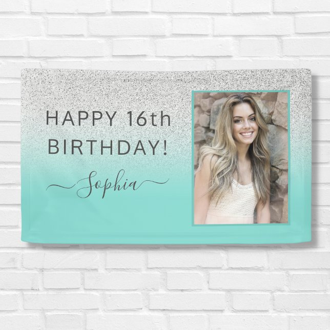 Teal Blue Green Glitter Birthday Party Banner (Creator Uploaded)
