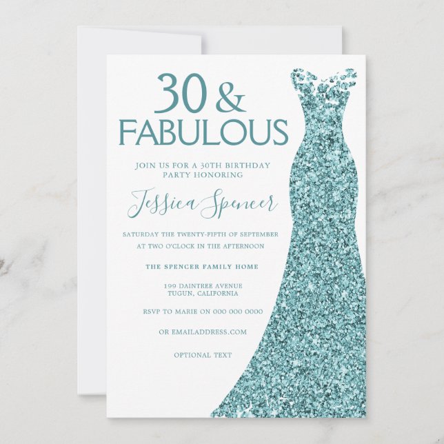 Teal Blue Green Glitter Dress 30th Birthday Party Invitation (Front)