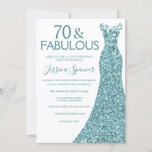 Teal Blue Green Glitter Dress 70th Birthday Party Invitation