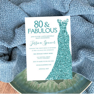 Teal Blue Green Glitter Dress 80th Birthday Party Invitation