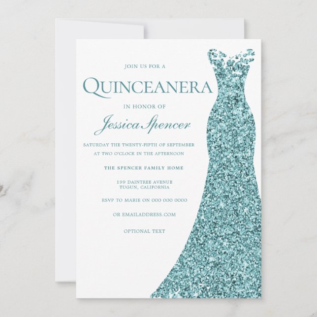 Teal Blue Green Glitter Dress Quinceanera Party Invitation (Front)