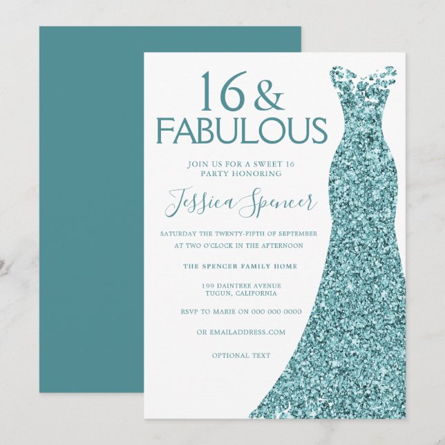 Teal Blue Green Glitter Dress Sweet 16 Party Invitation (Front/Back)