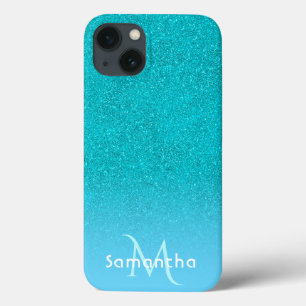Teal blue green glitter monogram name iPhone 13 case