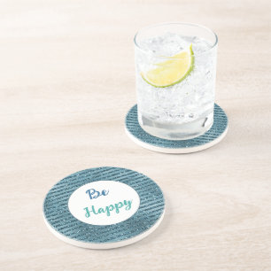Teal Blue Green Glitter Stripes Be Happy Coaster