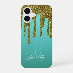 Teal Blue Green - Gold Glitter Drips Personalised iPhone 16 Case
