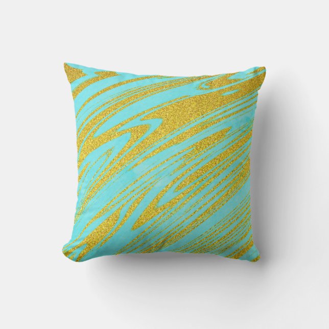 Teal Blue Green Gold Golden Glitter Artsy Patterns Cushion (Front)