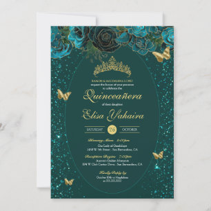 Teal Blue Green Gold Luxury Butterfly Quinceanera Invitation
