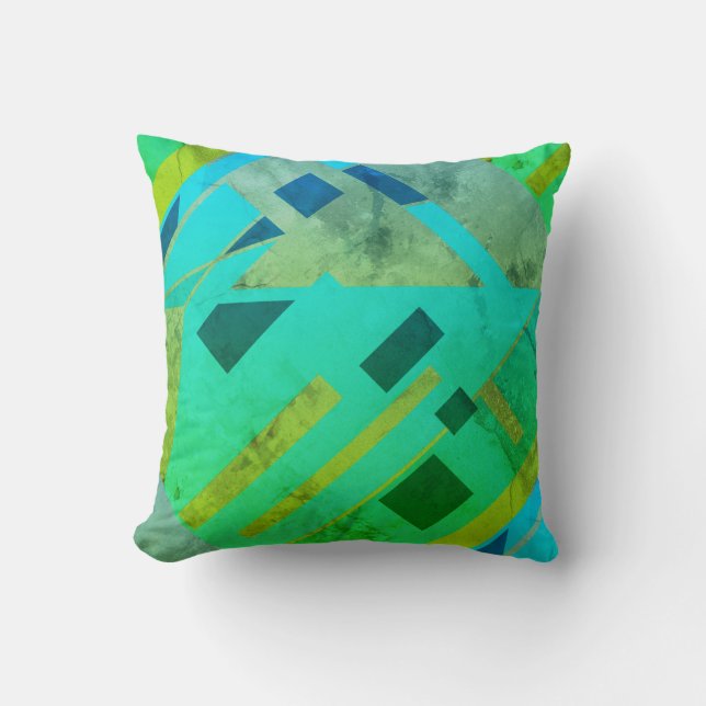 Teal Blue Green Grey Gold Diagonal MCM Look Motif Cushion (Front)