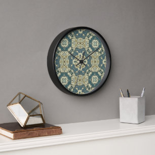 Teal Blue Green Grey Ochre Hip Bohemian Bali Art Clock