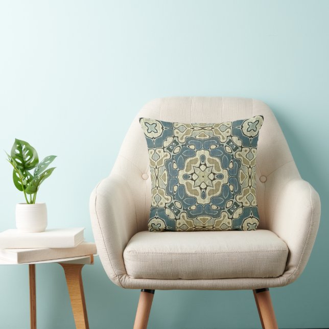 Teal Blue Green Grey Ochre Hip Bohemian Bali Art Cushion (Chair)