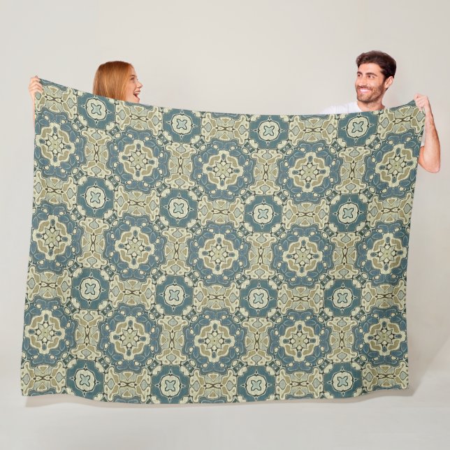Teal Blue Green Grey Ochre Hip Bohemian Bali Art Fleece Blanket (In Situ)