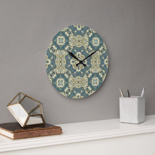 Teal Blue Green Grey Ochre Hip Bohemian Bali Art Large Clock