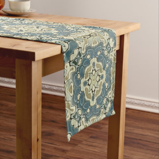 Teal Blue Green Grey Ochre Hip Bohemian Bali Art Short Table Runner