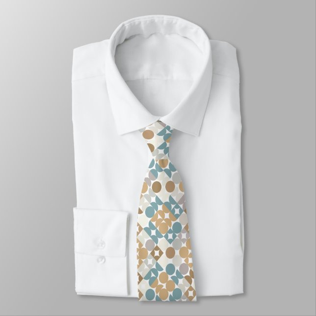 Teal Blue Green Grey Taupe Beige Art Pattern Tie (Tied)