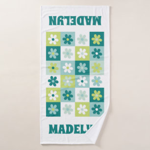 Teal Blue & Green Groovy Daisy Chequerboard Bath Towel