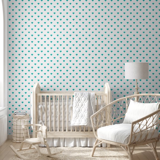 Teal Blue Green Hearts on White  Wallpaper (Kids)