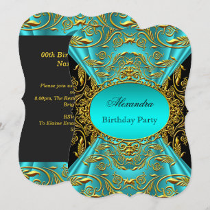 Teal Blue Green Jade Black Floral Birthday Party Invitation