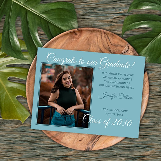 Teal Blue Green Minimalist Graduation Announcement Postcard (Creator Uploaded)