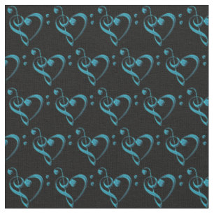 Teal Blue Green on Black Music Clef Heart Fabric