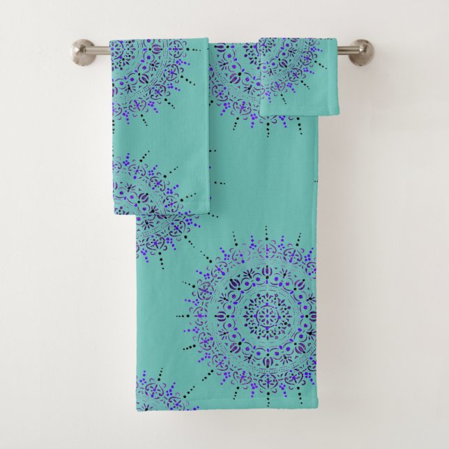 Teal Blue Green Painted Mandala  Bath Towel Set (Insitu)