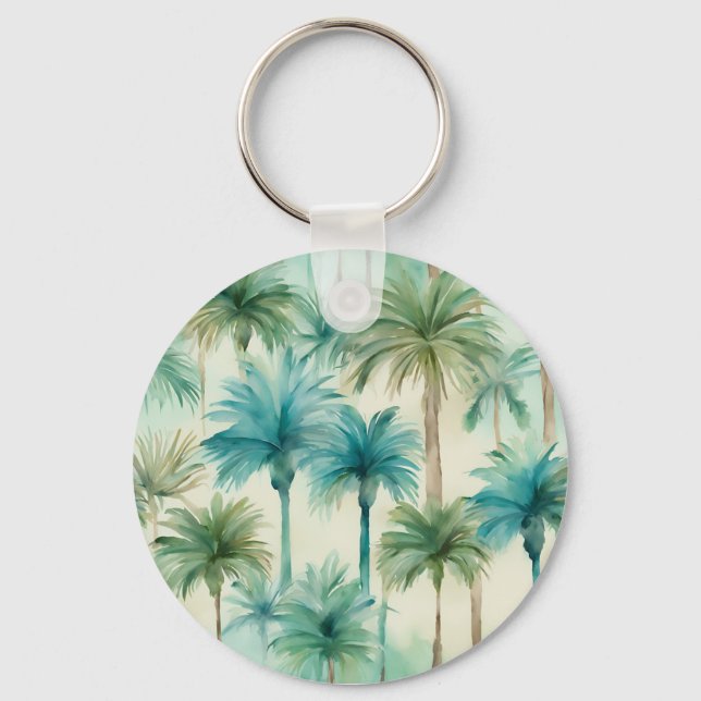 Teal Blue Green Palm Trees Pattern Key Ring (Front)