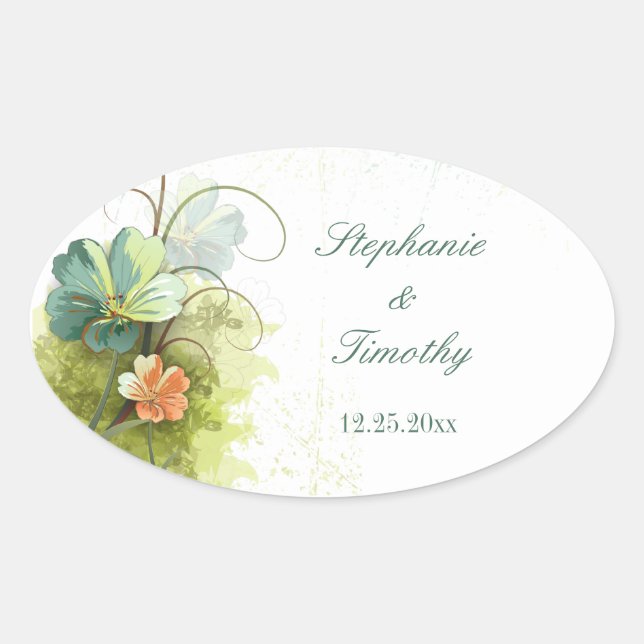 Teal blue green + peach floral wedding stickers (Front)