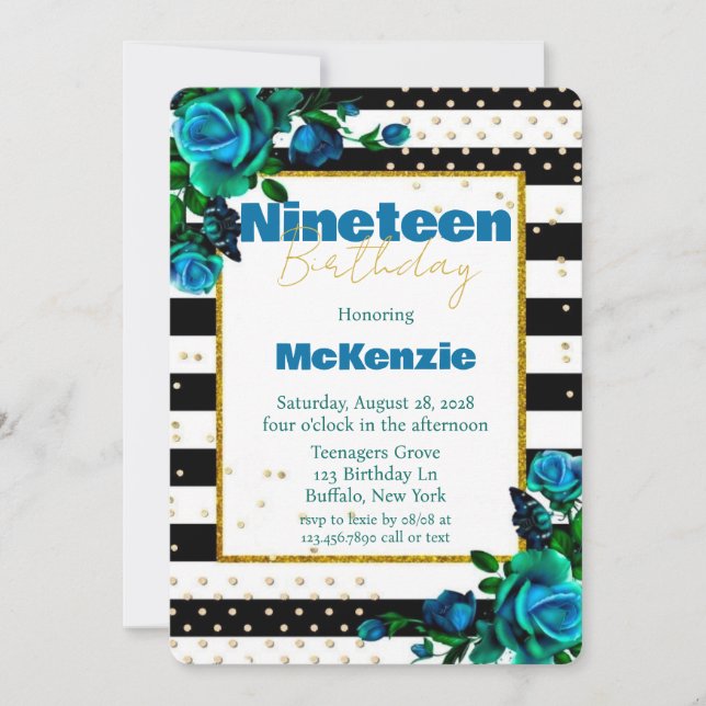 Teal Blue Green Peony Girl 19th Birthday Party Invitation (Front)