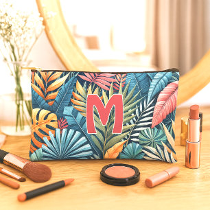 Teal Blue Green Pink Orange Leaves Art Pattern Accessory Pouch