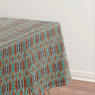 Teal Blue Green Red Terra Cotta Tribal Art Pattern Tablecloth