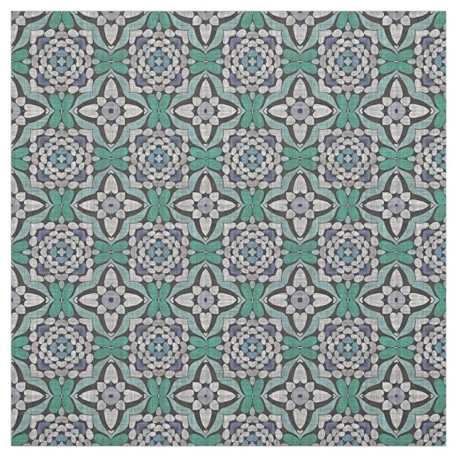 Teal Blue Green Retro Chic Nouveau Deco Pattern Fabric (Swatch)